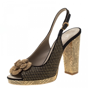 Chanel Metallic Gold/Black Satin Camellia Detail Embellsihed Heel Slingback Sandals Size 37