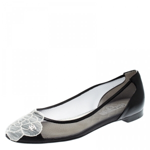 Pre Owned Chanel Black Camellia Cap Toe Mesh and Leather Ballet Flats Size 37