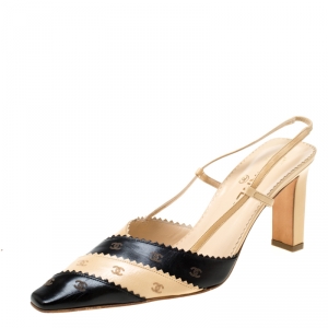 Chanel Cream/Black CC Leather Pointed Toe Slingback Sandals Size 38