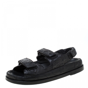 Chanel Black Embroidered Leather CC Velcro Flat Sandals Size 37.5