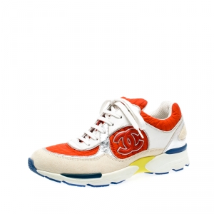 مملوكة مسبقًا Chanel Multicolor Nylon And Leather CC Logo Lace Up Sneakers Size 37.5