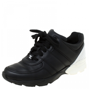 Pre Owned Chanel Black/White Leather CC Lace Up Sneakers Size 36