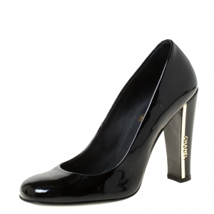 Pre Owned Chanel Black Patent Leather Logo Heel Pumps Size 36