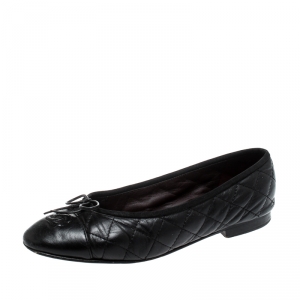 Pre Owned Chanel Black Quilted Leather CC Bow Cap Toe Ballet Flats Size 38