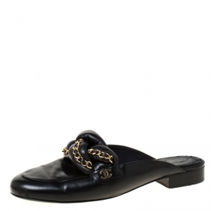 Chanel Black CC Leather Braided Chain Mules Slides Size 39.5
