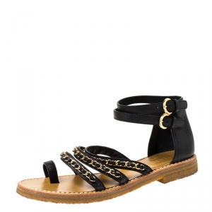 Chanel Black Leather Strappy Chain Flat Sandals Size 38