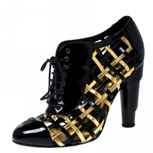Chanel Black/Gold Patent Leather Cage CC Cap Toe Booties Size 37.5 