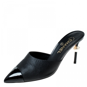 Chanel Black Leather CC Pearl Heel Pointed Toe Mules Size 39
