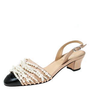  Chanel Beige/Black Leather Pearl Embellished CC Cap Toe Slingbacks Sandals Size 37