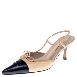 Chanel Beige/Black Leather Bow CC Cap Toe Slingbacks Size 39.5