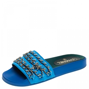 Chanel Blue Satin 17c Bright CC Gold Chain Slide Sandals Size 38