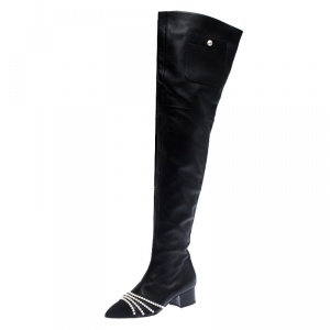 Chanel Black Leather Pearl Thigh High Boots Size 37.5