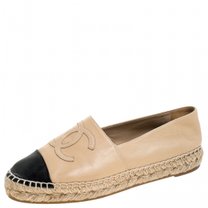 Pre Owned Chanel Beige/Black Leather CC Espadrilles Size 36