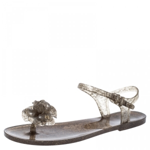 Chanel Grey Glitter Jelly Camellia Flat Sandals Size 38