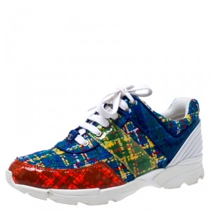 Pre Owned Chanel Multicolor Tweed Fabric And PVC Lace Up Sneakers Size 40