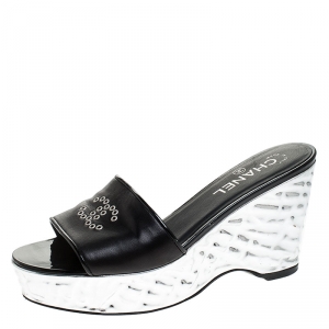 Chanel Black Leather Metallic Wedge Platform Slide Sandals Size 37