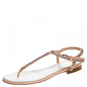 Chanel Beige Leather Chain Thong CC Logo Strap Sandals Size 38