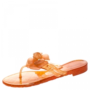Pre Owned Chanel Orange Glitter Jelly Camellia Thong Flat Sandals Size 39