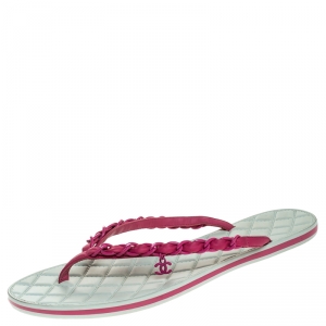 Pre Owned Chanel Pink Leather Chain Link Thong Flats Size 39