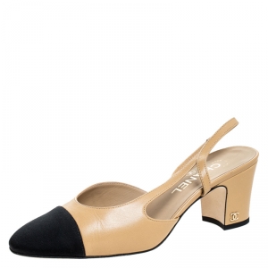 مملوكة مسبقًا Chanel Beige/Black Leather and Canvas Cap Toe Slingback Sandals Size 38