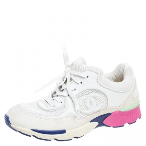 مملوكة مسبقًا Chanel White Mesh/Leather/Suede CC Sneakers Size 38.5