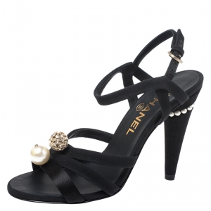 Chanel Black Crystal Embellished Satin Strappy Pearl Heel Sandals Size 36