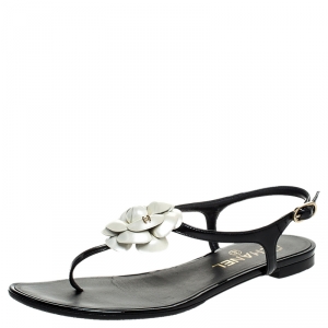 Chanel Black/White Leather CC Camellia Flat Thong Sandals Size 38