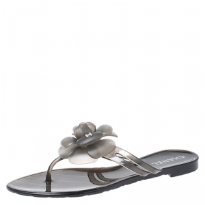 Pre Owned Chanel Dark Grey PVC Camellia Thong Slide Flats Size 36
