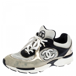 Pre Owned Chanel White/Black Leather and Mesh CC Logo Lace Up Sneakers Size 38