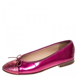 Pre Owned Chanel Pink Patent Leather And Leather CC Cap Toe Bow Ballet Flats Size 36