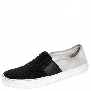 Pre Owned Chanel Black/White Tweed and Suede Slip On Sneakers Size 38.5