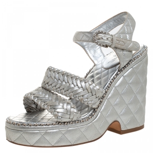 Chanel Silver Braided Leather Chain Embellished Quilted Leather Platform Clogs Size 38