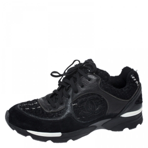 Pre Owned Chanel Black/White Tweed, Suede and Leather Lace Up Sneakers Size 38