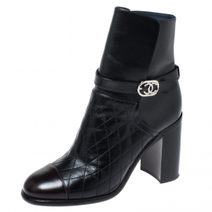 Chanel Black Quilted Leather Cap Toe CC Buckle Ankle Boots Size 40
