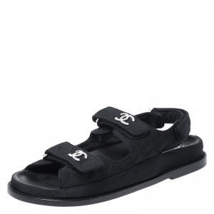 Pre Owned Chanel Black Quilted Fabric CC Velcro Flat Sandals Size 38.5