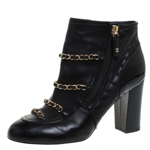 Chanel Black Leather Chain Embellished Ankle Booties Size 37.5