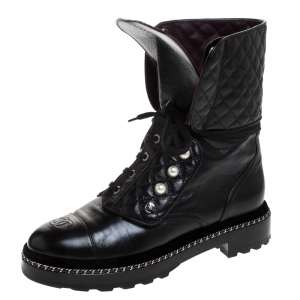 Chanel Black Quilted Leather CC Pearl Detail Ankle Boots Size 39.5