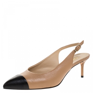 Chanel Beige/Black Leather Pointed Toe Slignback Sandals Size 40