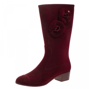 Chanel Burgundy Velvet Camellia Embellished CC Rain Boots Size 40