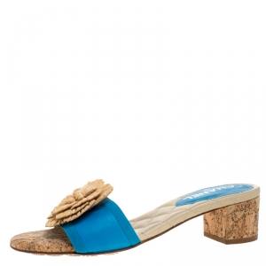 Chanel Blue Leather Cork Camellia Slide Sandals Size 39.5