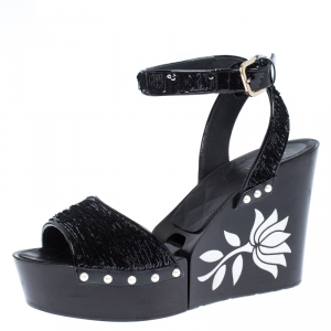 Chanel Black Pearl Embellished Sequins Floral Platform Wedge Sandals Size 38.5