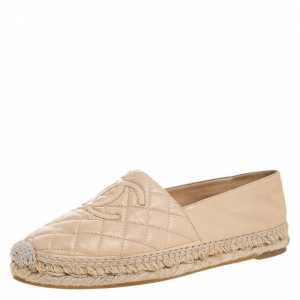 Pre Owned Chanel Beige Leather CC Quilted Espadrilles Flats Size 39