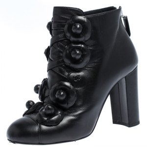 Chanel Black Leather Camellia Block Heel Ankle Boots Size 37