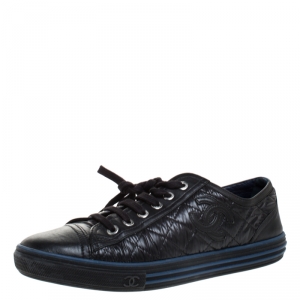 Pre Owned Chanel Black Quilted Nylon and Leather CC Low Top Sneaker Size 38