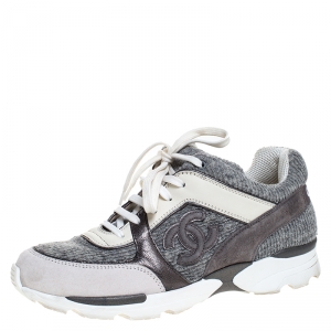 Pre Owned Chanel Grey Tweed Fabric And Suede Leather Low Top CC Sneakers Size 38