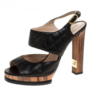 Chanel Black Quilted Detail Leather CC Ankle Strap Platform Sandals Size 37.5