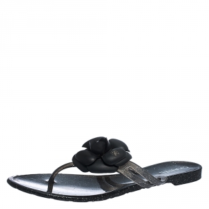 Chanel Grey Glitter Jelly And Black Camellia CC Thong Sandals Size 39
