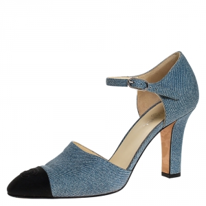 مملوكة مسبقًا حذاء كعب عاالي شانيل دينم أزرق وكانفاس مقدمة مفتوحة بحزام للكاحل مقاس 38