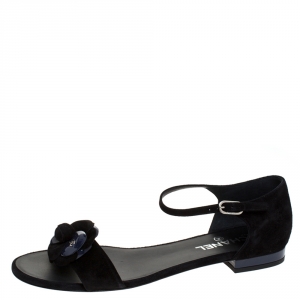Chanel Black Suede CC Camellia Ankle Strap Flat Sandals Size 41.5