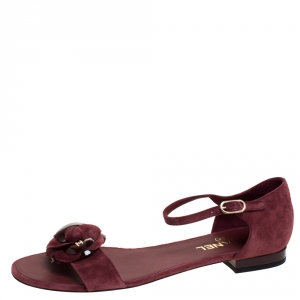 Chanel Burgundy Suede CC Camellia Ankle Strap Flat Sandals Size 41.5